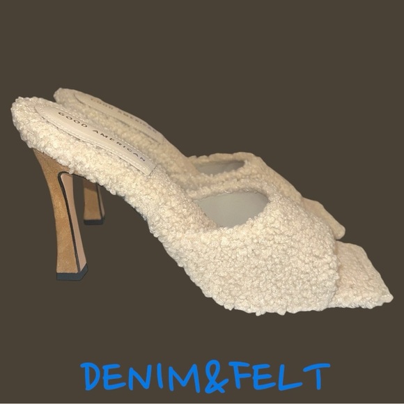 GOOD AMERICAN CREAM VEGAN SHEARLING SHERPA OPEN TOE MULE 4" HEELS NWT/NIB 🤎🤎 - Picture 8 of 14